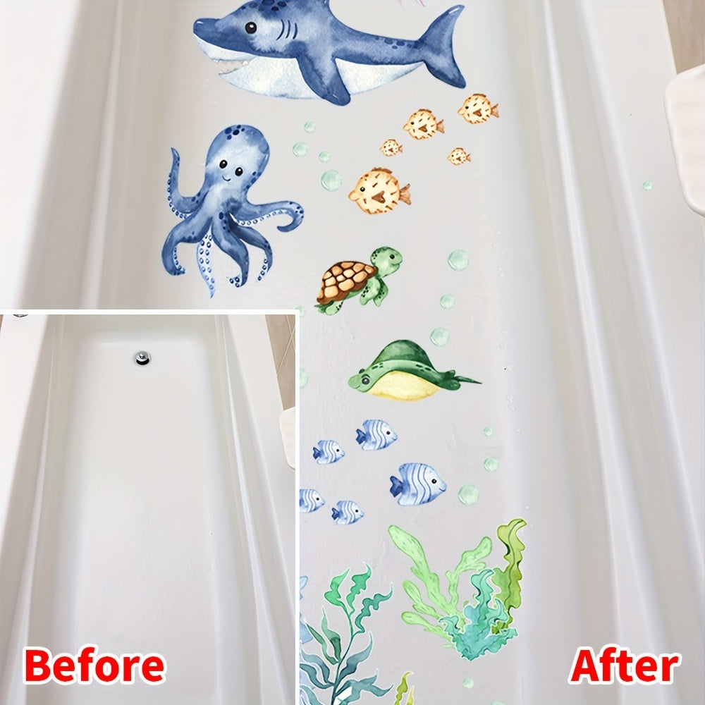 6 waterproof bathtub stickers featuring shark, seaweed, and octopus patterns to prevent slipping.