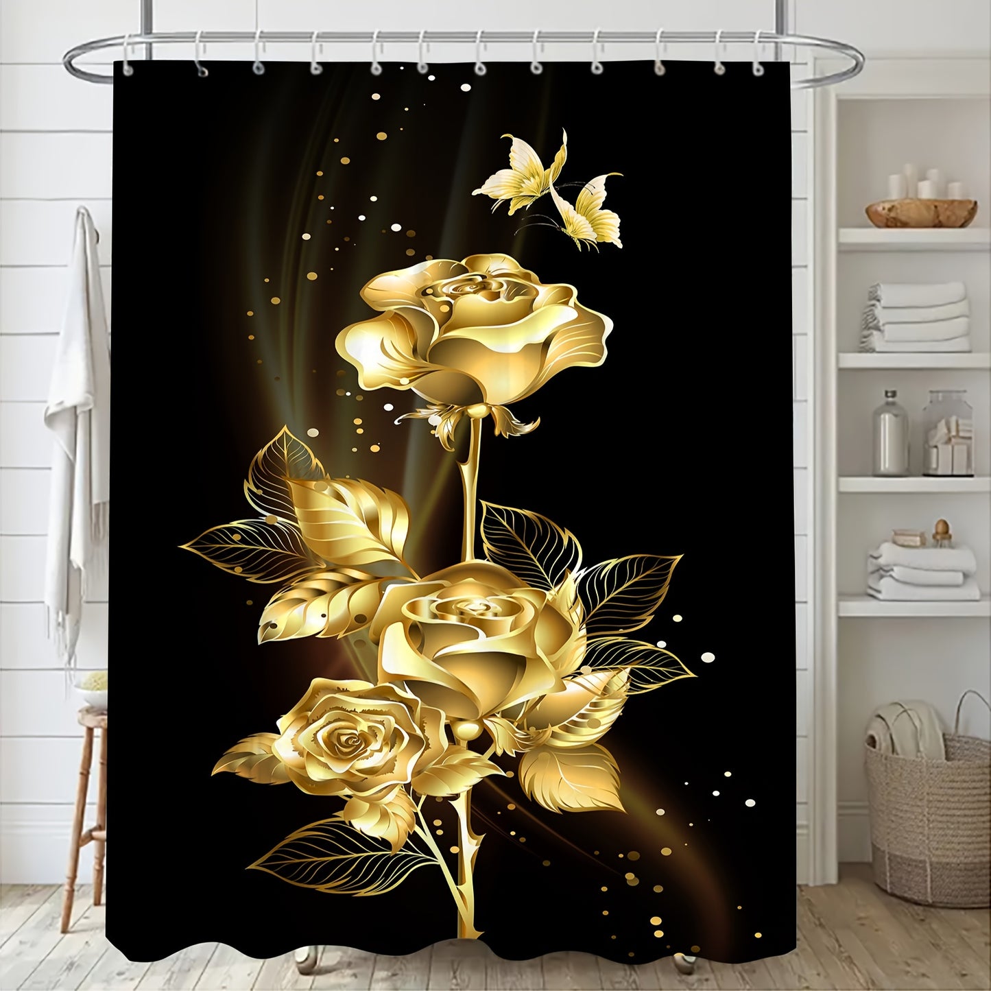 Black background and golden flower bathroom shower curtain set with toilet accessories.