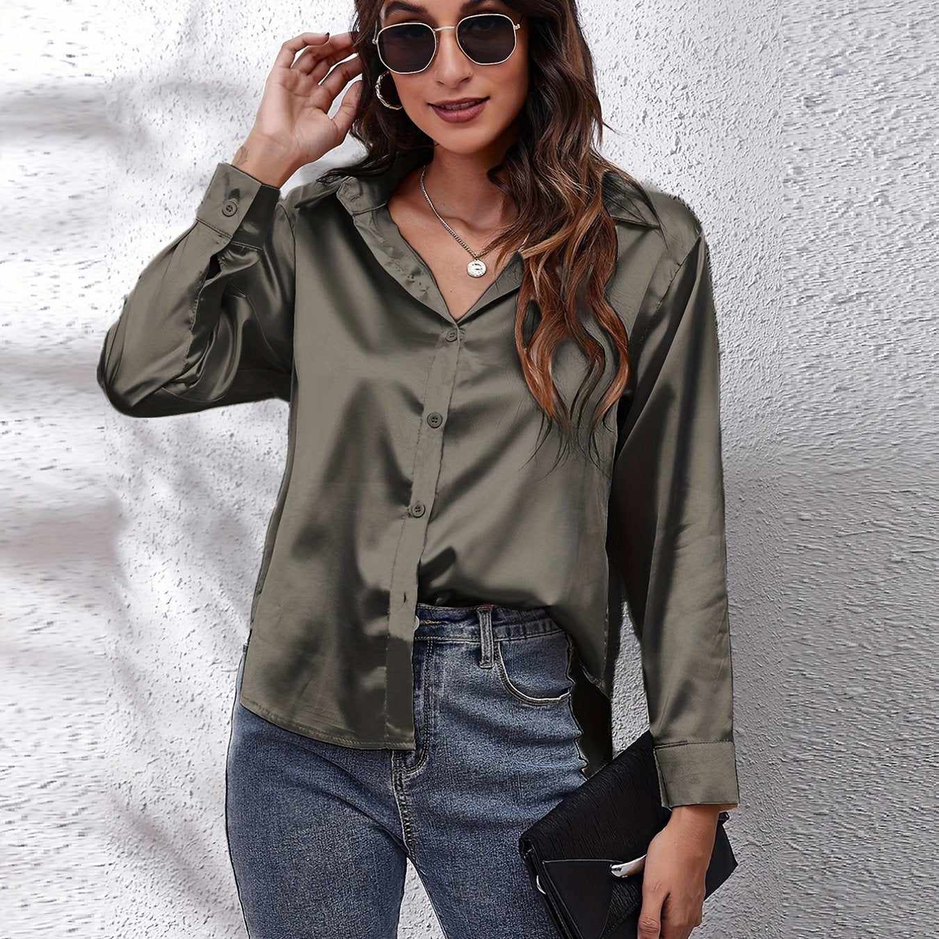 Women's Elegant Satin Shirt with Lapel Collar, Polyester, Solid Color, Regular Length, Single Breasted