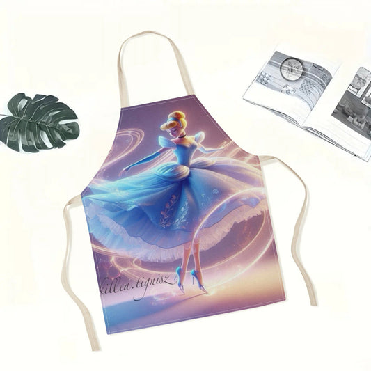 Waterproof apron featuring Disney's Cinderella cartoon character in a vibrant blue dress with a floral design. Made of durable polyester, perfect for use in hotels, supermarkets, restaurants, fruit shops, milk tea stands, and at home.