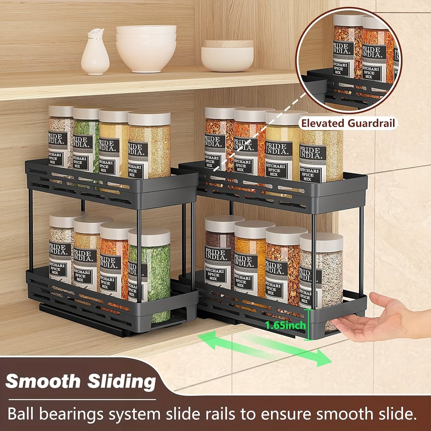 A set of three convenient Easy-Install Pull-Out Spice Rack Organizers designed for cabinets. Featuring a durable and space-saving design with two tiers, each rack holds up to 10 jars. Ideal for use in the kitchen and dining area.