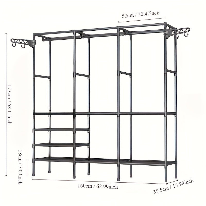 Metal storage cabinet with hooks, 3-tier organizer for coats, shoes, and accessories. Perfect for bedroom, hallway, and living room. Requires no electricity or battery.