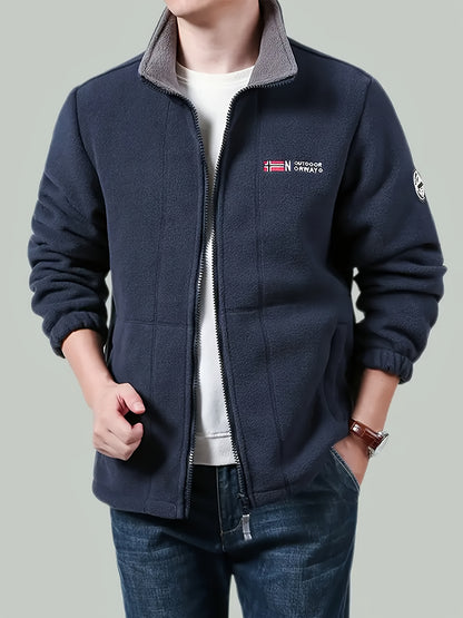 Men's fleece-lined jacket with embroidered detailing in black and gray, featuring a stand collar, zip-up closure, side pockets, and shaggy fleece fabric.