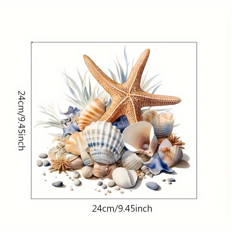 Ocean-themed bathroom decal set with starfish and shells, glossy finish PVC decals for ceramic surfaces, perfect for home decor or holiday decorations.