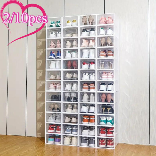 Transparent plastic shoe boxes, available in packs of 2, 3, 4, 5, 6, and 10, are ideal storage containers that can be stacked. These clear plastic containers are perfect for closets and athletic shoes, and come with a white frame for added style.