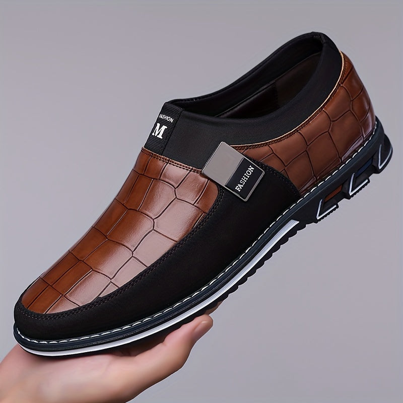 Men's slip-on business casual shoes with synthetic microfiber leather, anti-slip rubber sole, PU inner lining, and low top design for daily wear in spring/fall season.