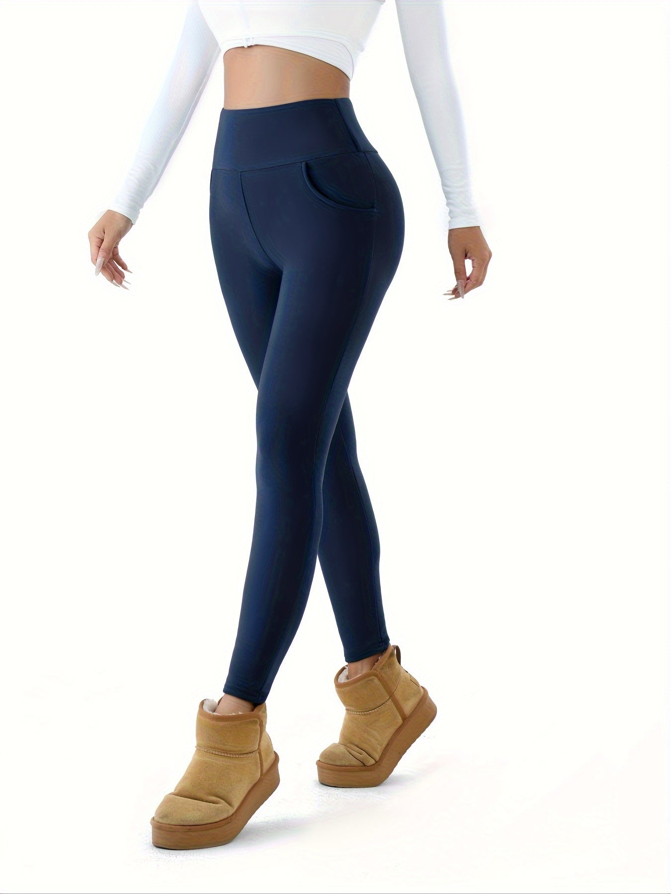 High-waist fleece-lined leggings for women with pockets are cozy, stretchy, and warm. Ideal for fall and winter comfort.