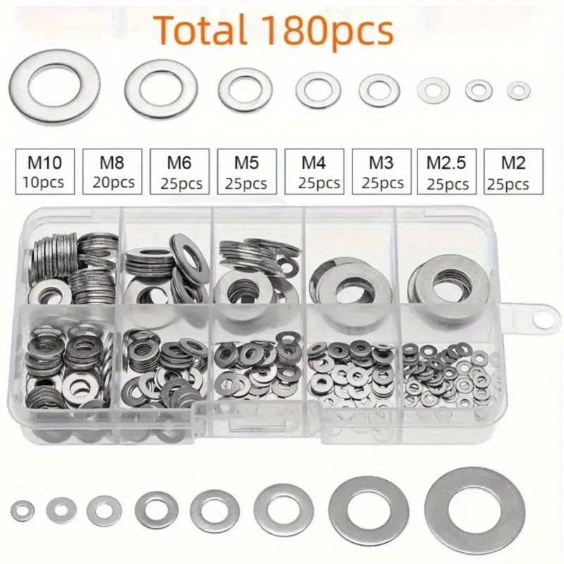 180-piece Stainless Steel Flat Washer Set (M2-M10) for various uses like screws, bolts, mud flaps in home decor, factory repair, kitchens, shops.