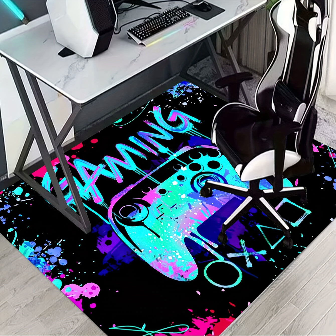 1 piece, 3D Gaming Area Rug made of soft flannel material perfect for your living room, bedroom, or carpet. This machine-washable rug is great for gamers and features a decorative design of a controller.