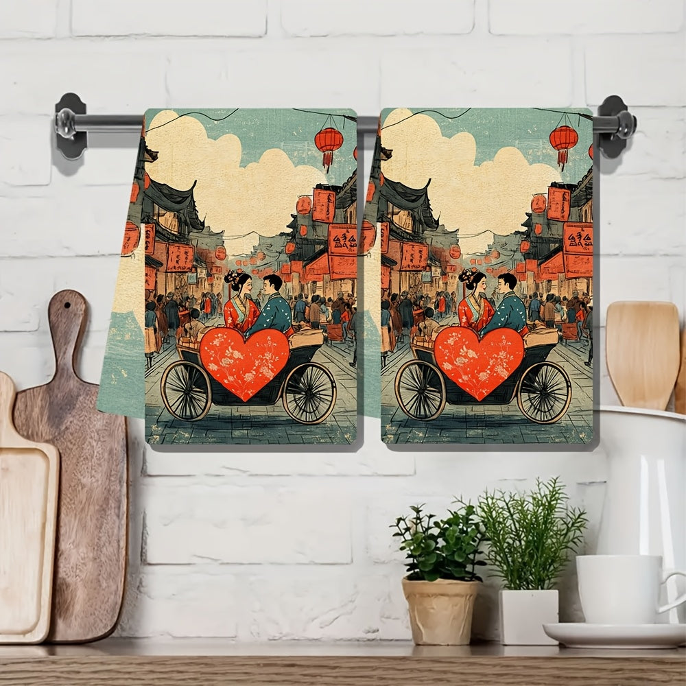 These kitchen towels are luxuriously soft and feature a charming illustration of a couple in traditional Chinese clothing, riding a heart-shaped rickshaw through a bustling street market. They are not only highly absorbent but also perfect for holiday