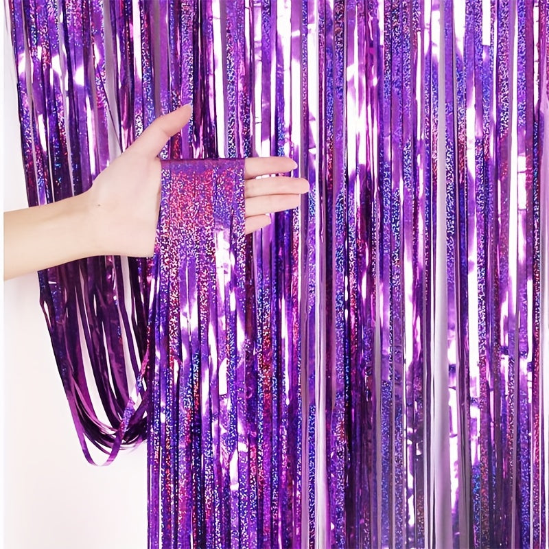 Purple foil fringe curtains, 8.2x3.25ft, ideal for parties and holidays.