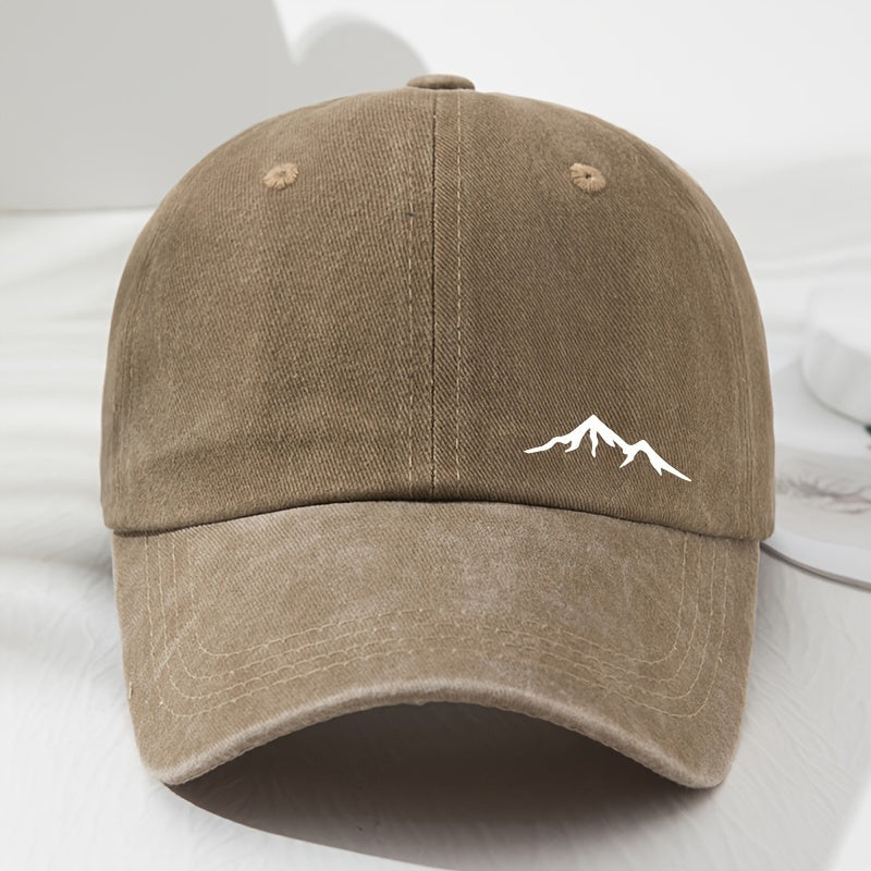 Retro baseball cap with mountain view print, soft top dad's hat, sun protection, ideal for sports, fishing, picnic, and camping.