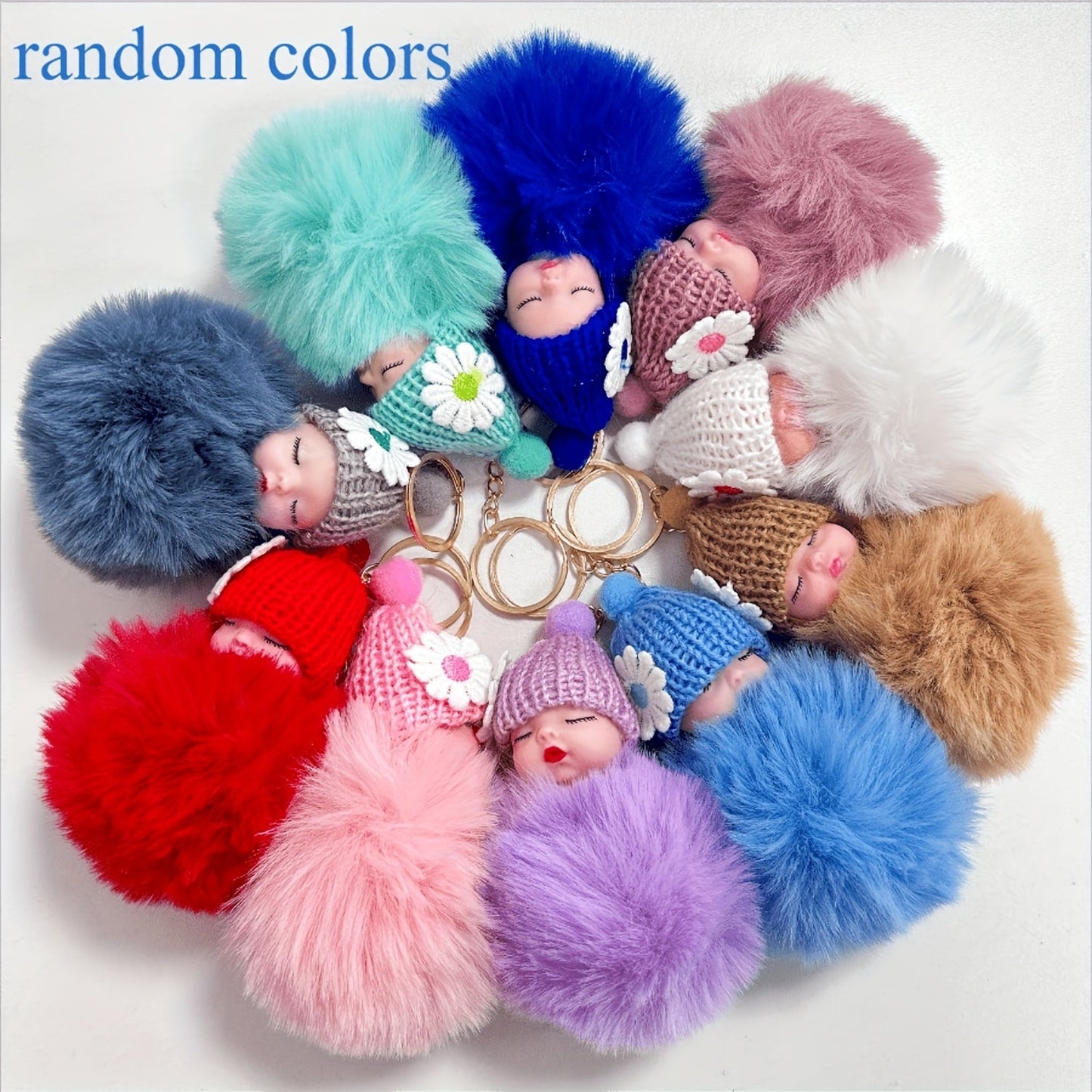 Set of 7 adorable sleeping doll plush keychains with wool hats - great for adding personality to your bags or car. Makes a perfect gift for Christmas, Valentine's Day, Halloween, or Mother's Day.