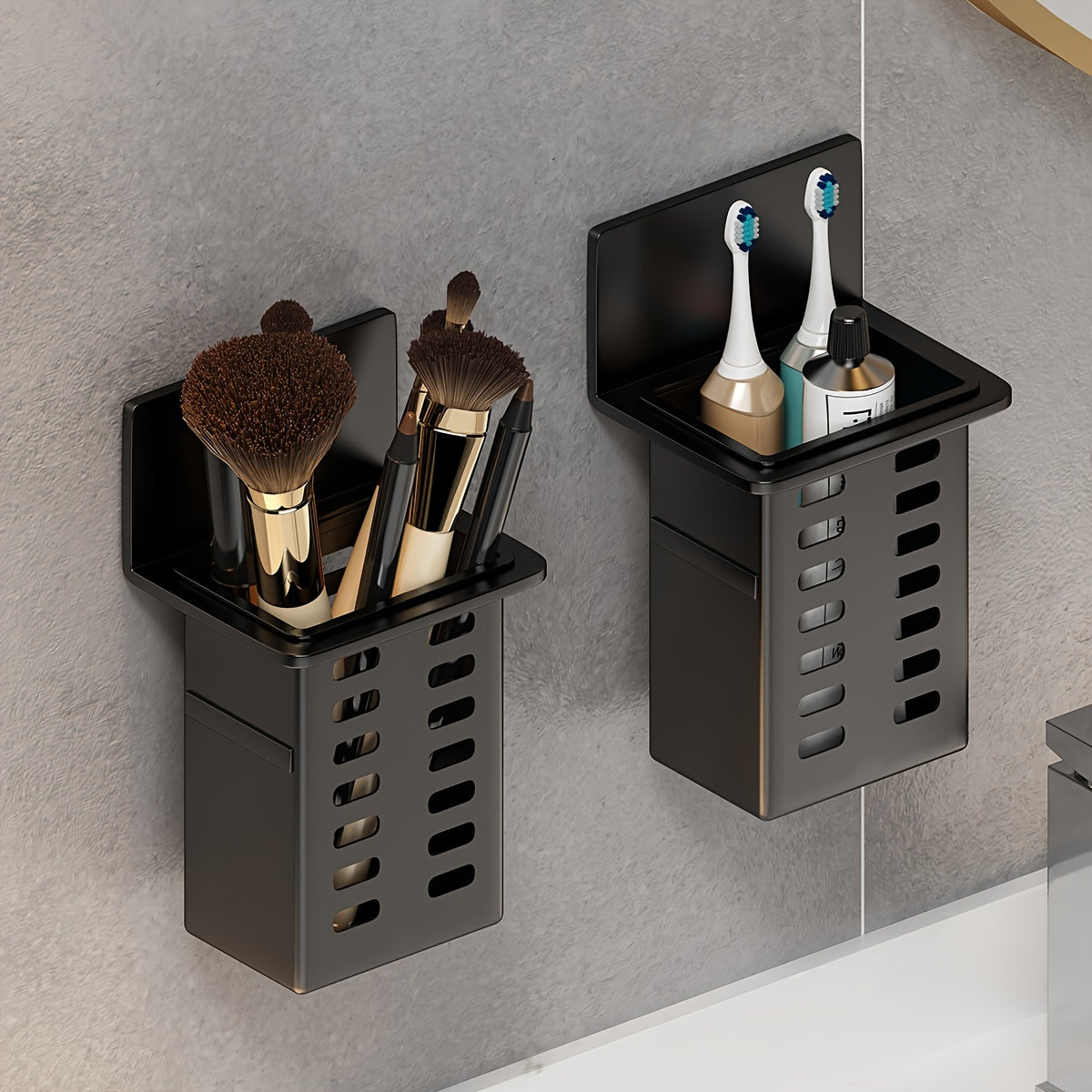 Wall-mounted makeup storage box for bathroom sundries and personal items.