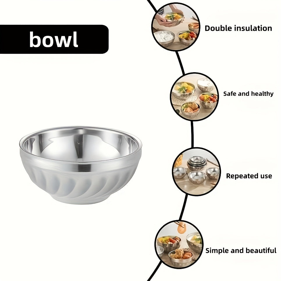 5 stainless steel bowls with double-layered heat insulation, suitable for serving salads, noodles, soups, desserts, and ice cream. Dishwasher safe and suitable for kitchen utensils and tableware.