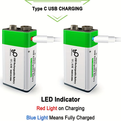 SMARTOOOLS 9V Lithium Polymer Rechargeable Battery, 650mAh High Capacity, Fast Charging 1.5H, 1200 Cycles, USB Rechargeable with Type C Cable