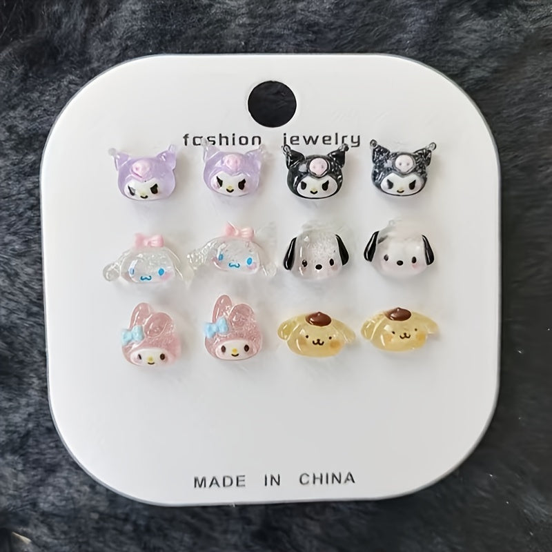 Adorable Cartoon Resin Earrings Set - 6 Pairs of Stylish Jewelry for Girls and Women, Feather-Free, Imported from China