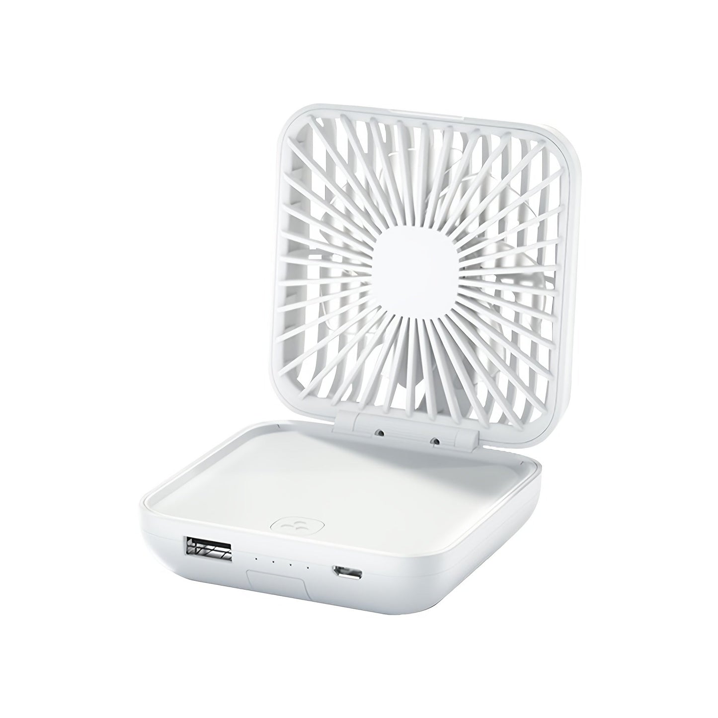 Portable and wearable Compact USB Fan with 3-speed adjustment, featuring a rechargeable lithium battery. Perfect for indoor and outdoor use, includes a light kit for added convenience.