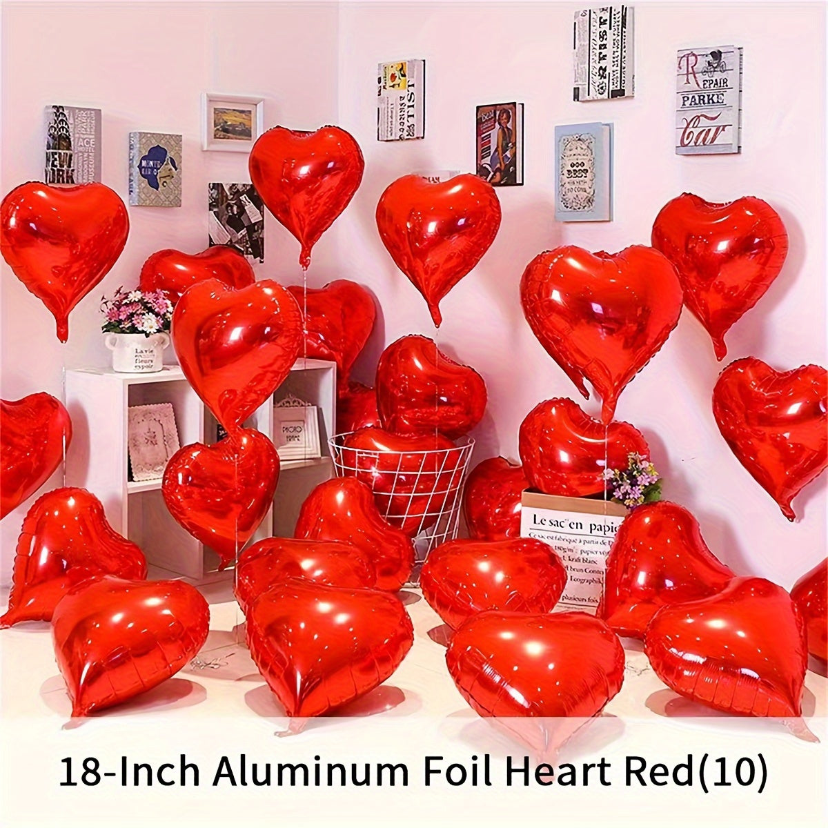 15 red heart pink silvery love aluminum balloons for various occasions like birthdays, weddings, engagements, Valentine's Day, bridal showers, carnivals, home decor, and parties.