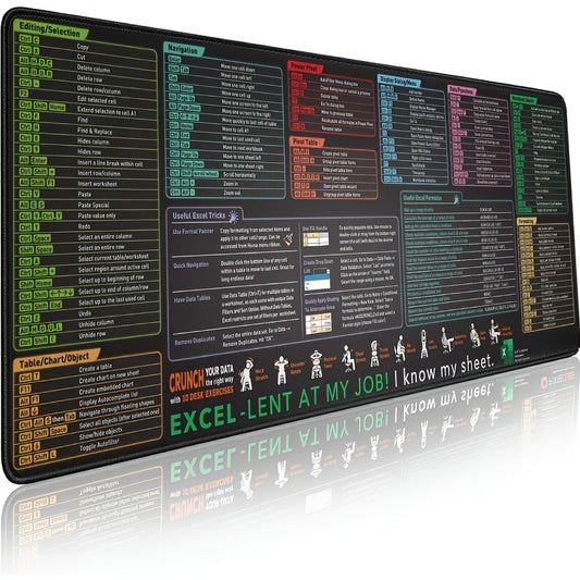 XXL Excel Shortcut Keys Mouse Pad for Gaming & Office with Non-Slip Edges