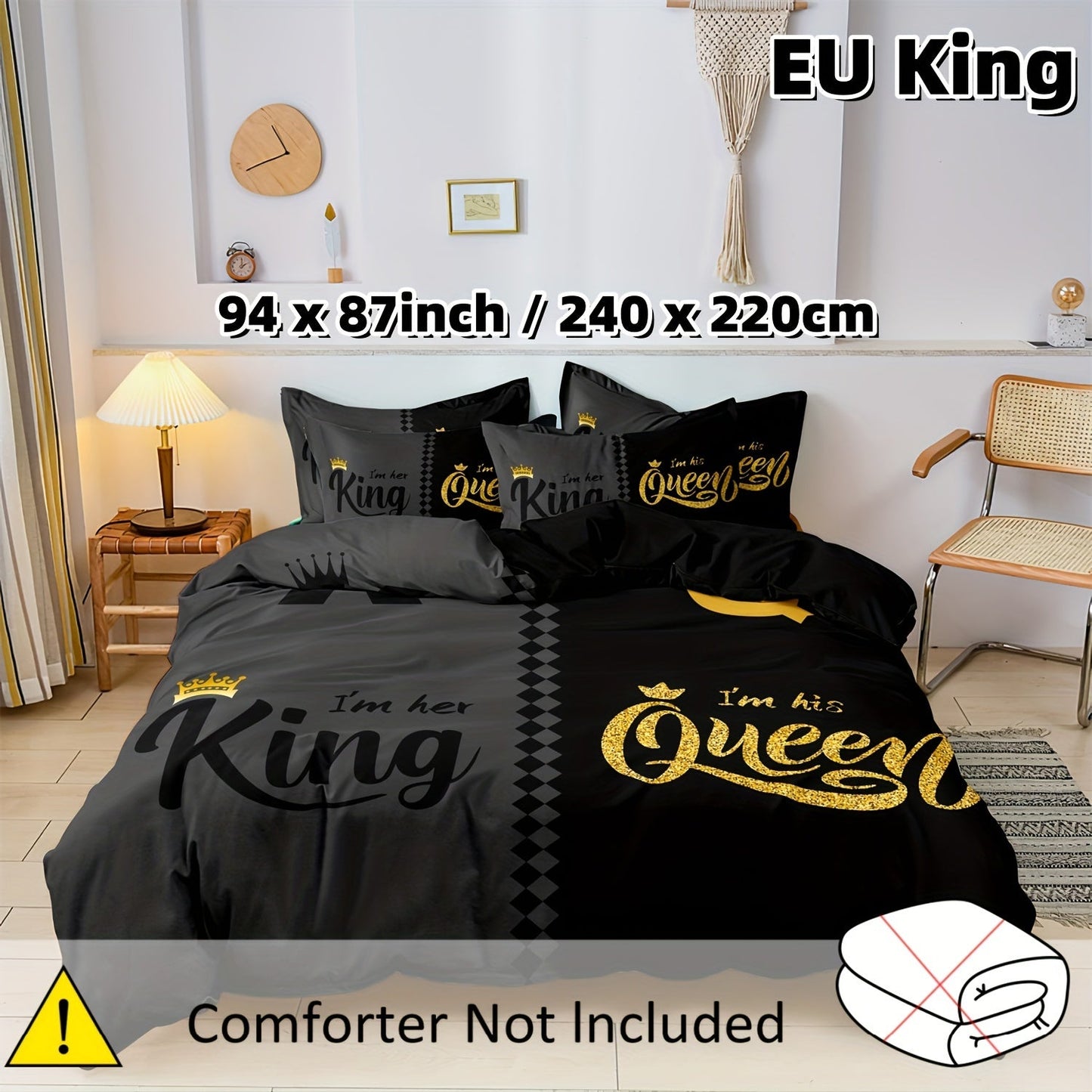 Valentine's Day Queen & King Crown Design Duvet Cover Set - 3 Piece Set, Printed Crown Design, Soft Polyester, Breathable, Machine Washable - Includes 1 Duvet Cover & 2 Pillowcases (Insert Not Included)