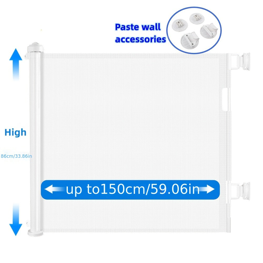 Get the 1pc Extra Wide Retractable Safety Gate for Children and Pets. It stands at 86.36cm tall and can expand up to 149.86cm wide. Made with durable polyester mesh, this gate doesn't require any assembly and can be easily mounted indoors or outdoors.