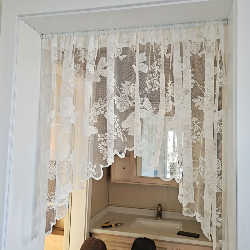 Elegant White Lace Butterfly Floral Curtain - Designed with UV Protection, Rod Pocket for Easy Hanging in Kitchen & Living Room Décor