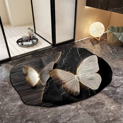 3D flower and butterfly pattern non-slip mat for bathroom, water-absorbent and quick-drying. Hand wash only, made of diatom mud material with rubber backing. Oval shape, machine made with