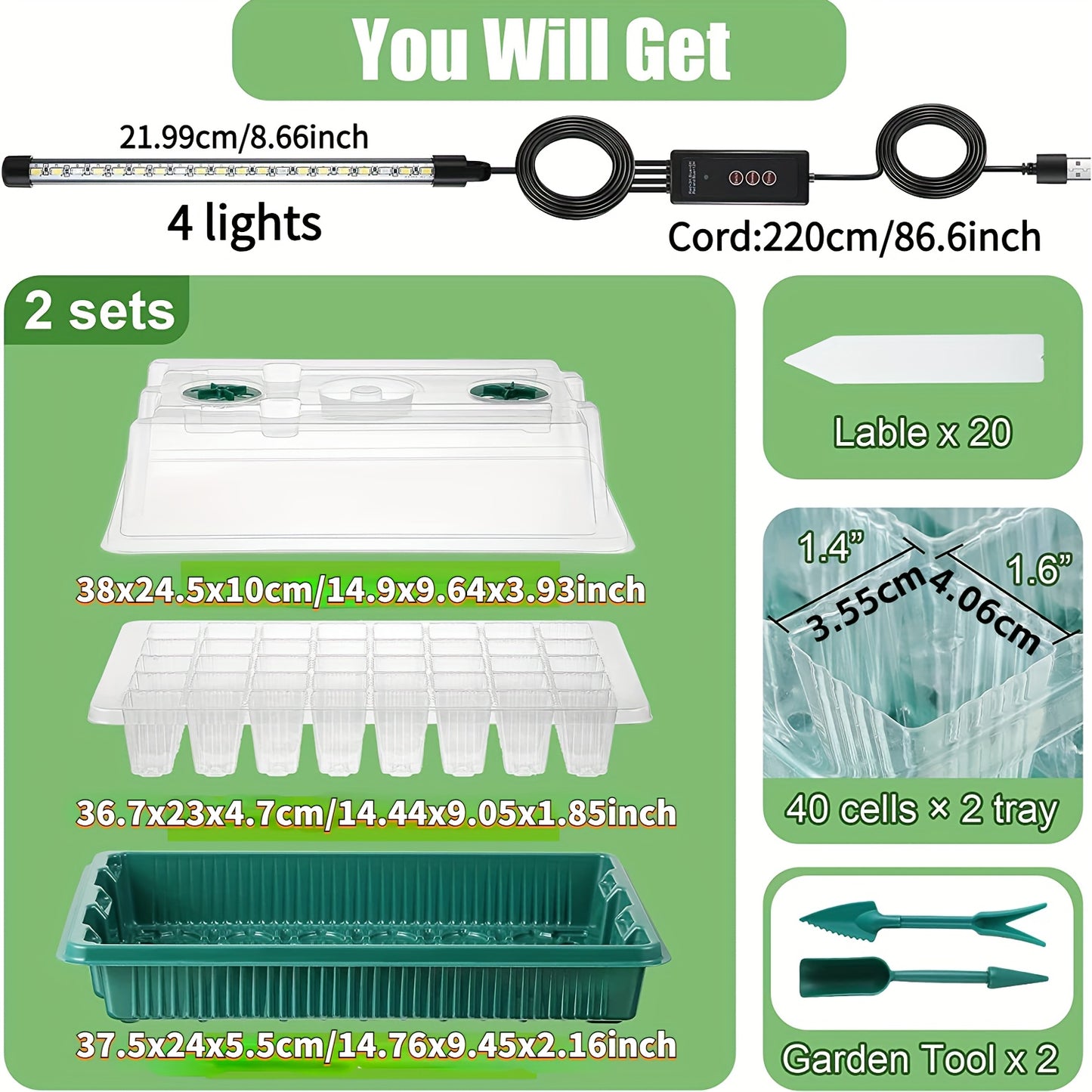 Seed starter kit with 2 trays, high dome, 80 cells, LED lights, timer, and 3 modes for indoor gardening.