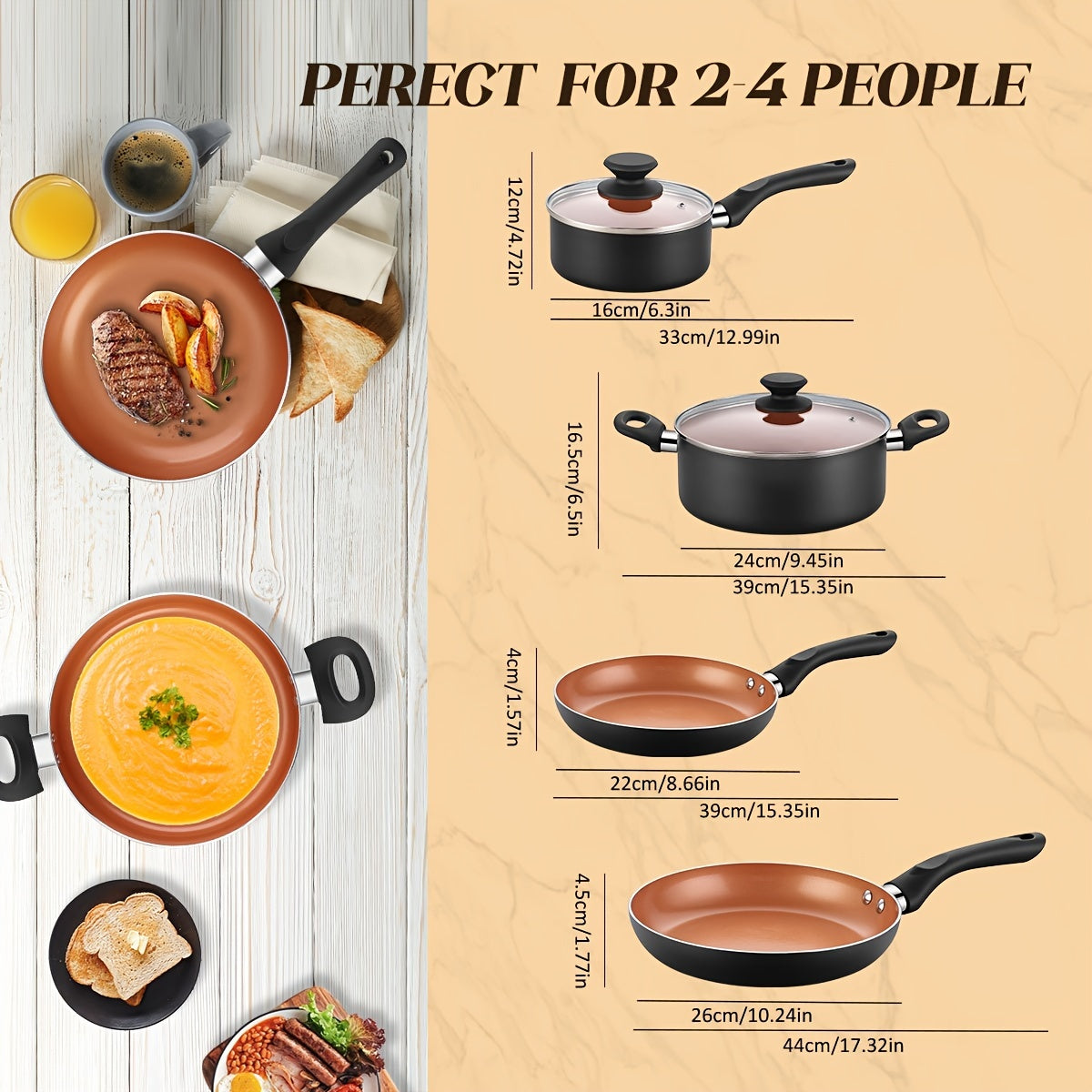 Basic kitchen cookware set including 6 pieces of nonstick pots and pans with non-stick coating. This multifunctional cookware set features an induction bottom, saucepan, stock pot, frying pan, and kitchen utensils.