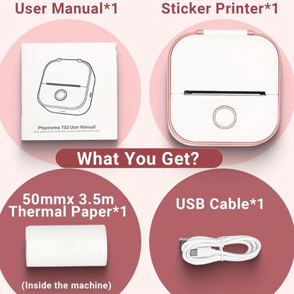 Phomemo T02 Mini Thermal Printer - Portable Wireless Sticker Maker with black & white printing for various uses, USB rechargeable.