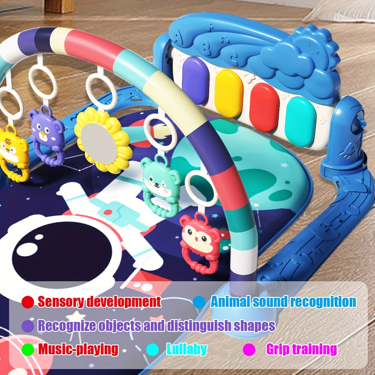 Musical baby gym play mat with piano and hanging toys, perfect for newborns. Features interactive lights and sounds, ideal gift for holidays. Assembly required. Made of polyester fiber.