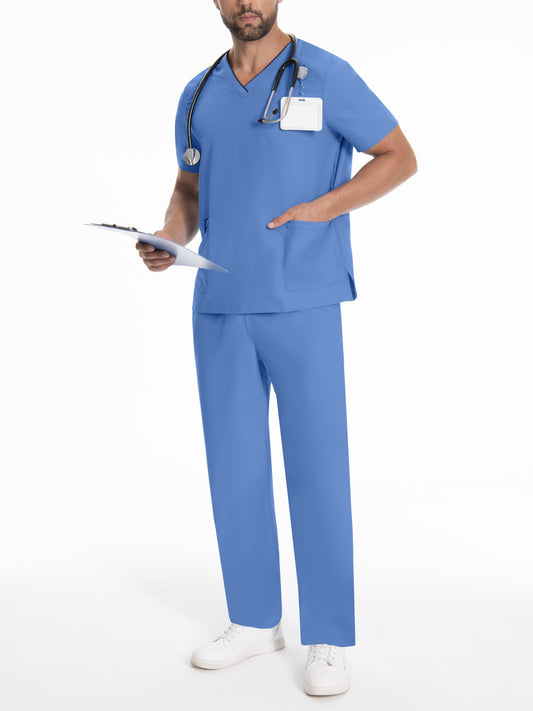 Men's short sleeve uniform set made of polyester v-neck work scrubs with pockets. Breathable stretch top and waist cord pants in solid color, regular fit. Ideal for laboratory, pet