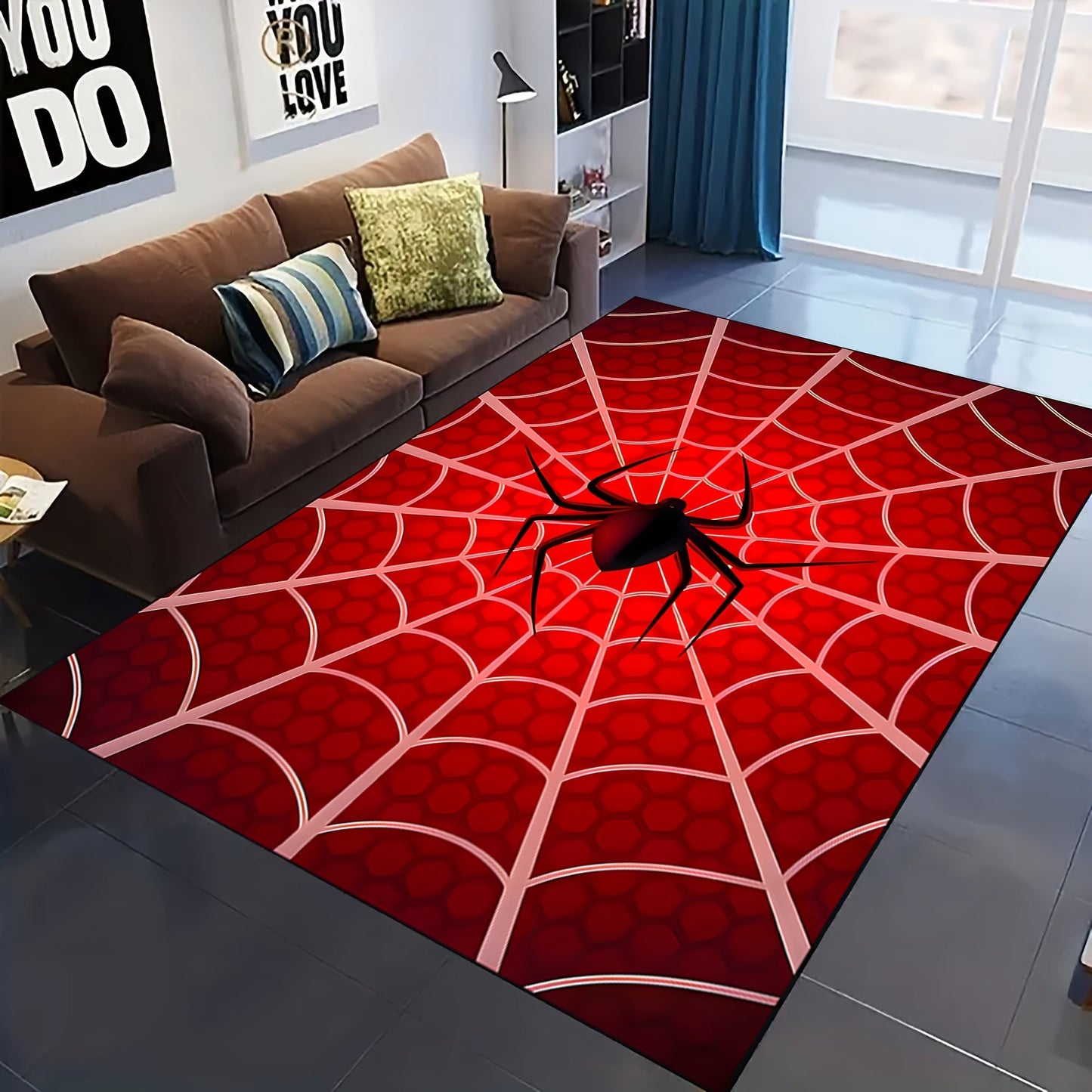 Enhance your space with the 3D Visual Spider Web Pattern Area Rug. This stylish and durable polyester fiber carpet is anti-slip and washable, making it perfect for use in the living room, bedroom, or gaming room. It is an ideal decoration for a boy's