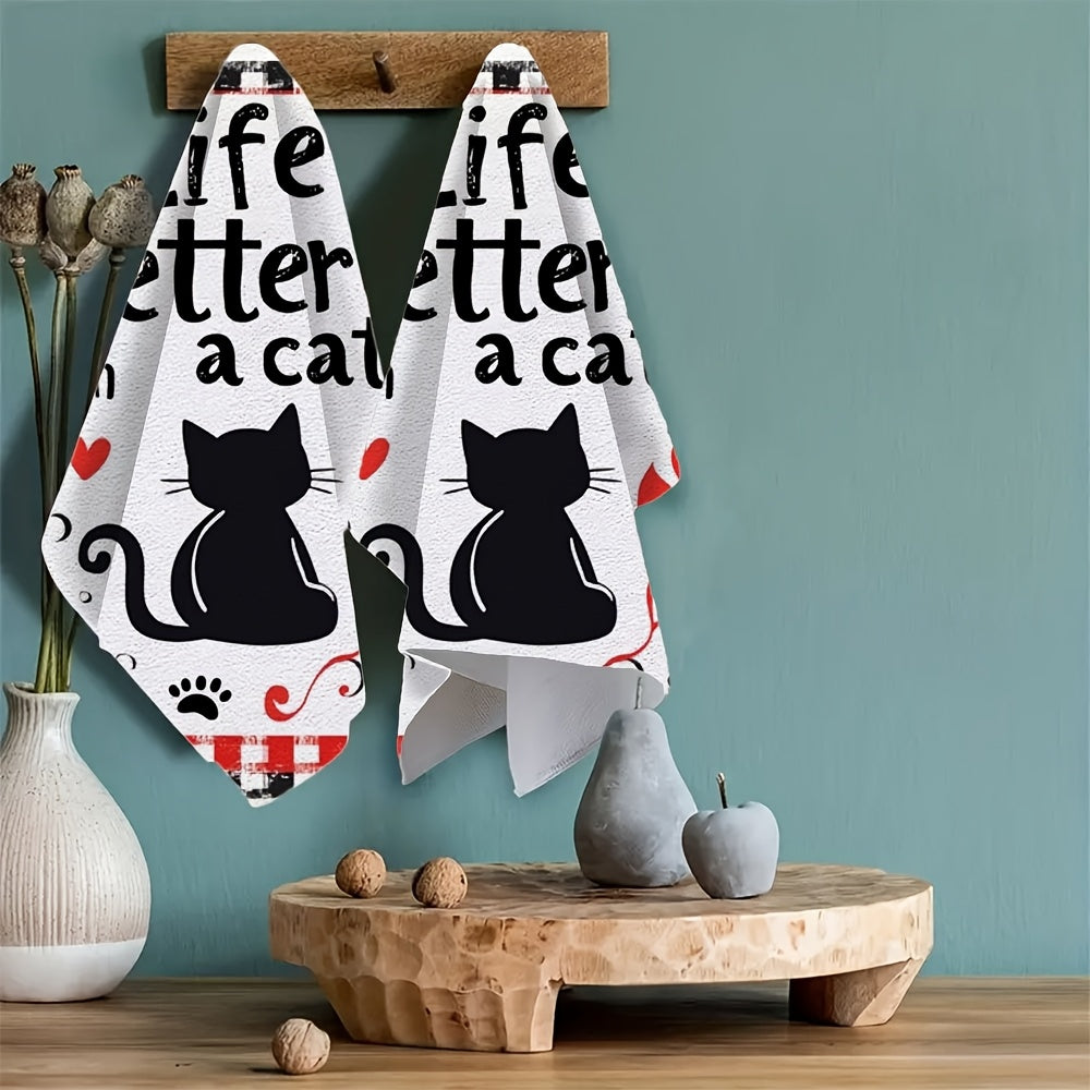 Get 2pcs of Ultra Soft Kitchen Towels featuring "Life is Better with a Cat" Text & Adorable Kitten Illustration - These Highly Absorbent Dish Hand Towels are Machine Washable and designed in a Contemporary Style, measuring 40.64x60.96 cm. Perfect for Cat