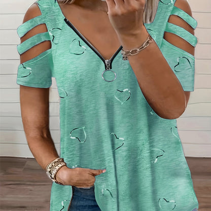 Plus size heart print zipper t-shirt for spring & summer. Casual cut-out short sleeve top for women's plus size clothing.