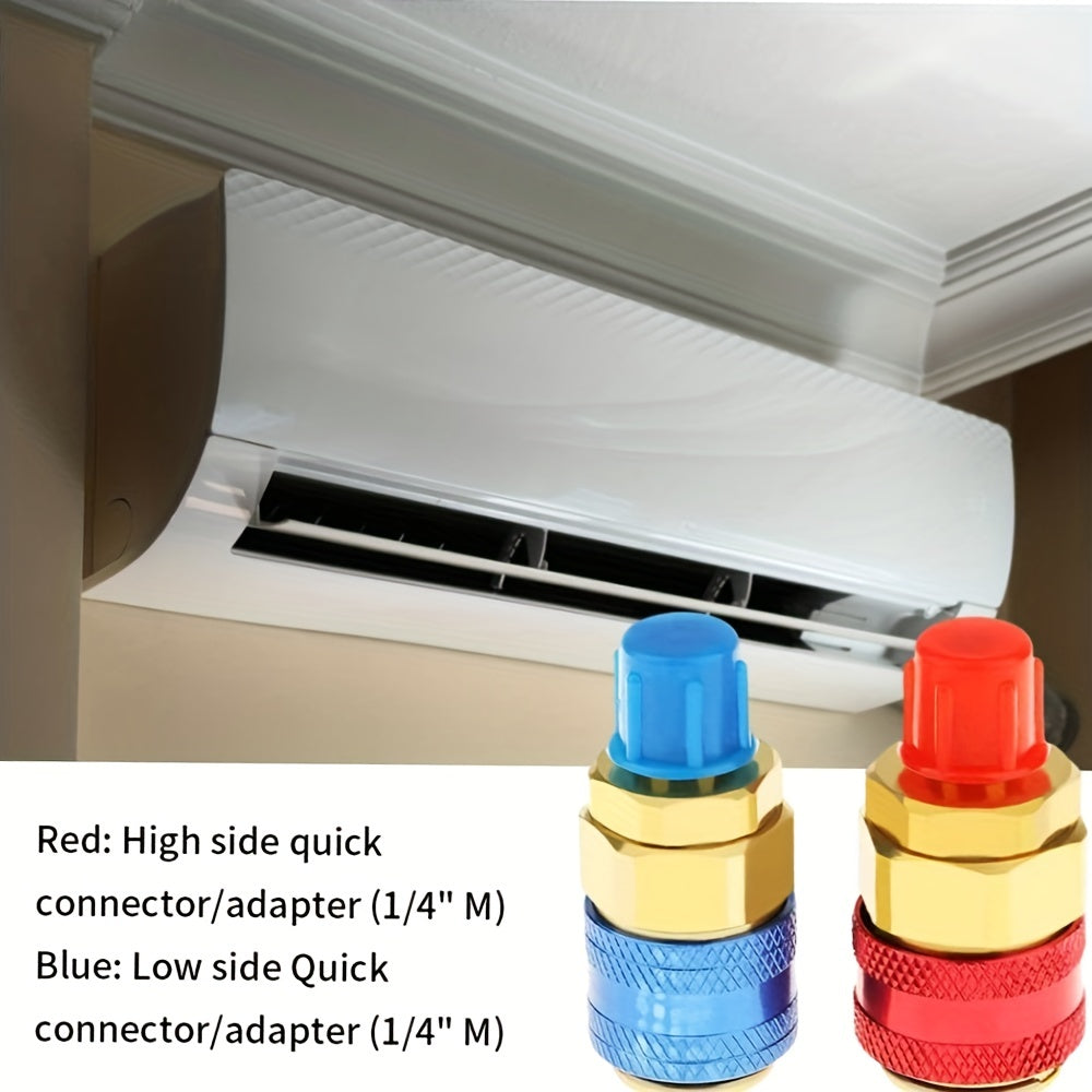 2 pieces of AC R134A quick coupler connector adapters with high and low manifold fittings. These brass adapters are suitable for air conditioning refrigerant systems.