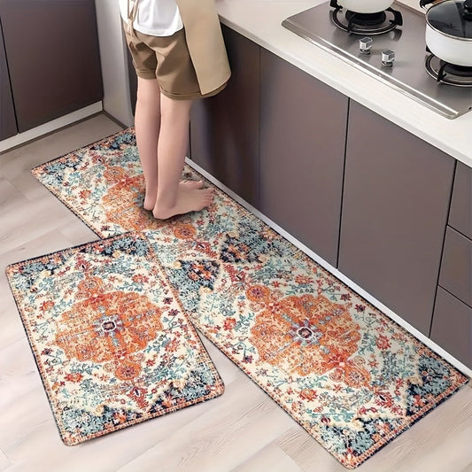 An antique bohemian patterned rug that can be used as a kitchen mat, outdoor carpet, entrance doormat, bathroom mat, non-slip kitchen mat, pet feeding mat, and feeding pad.