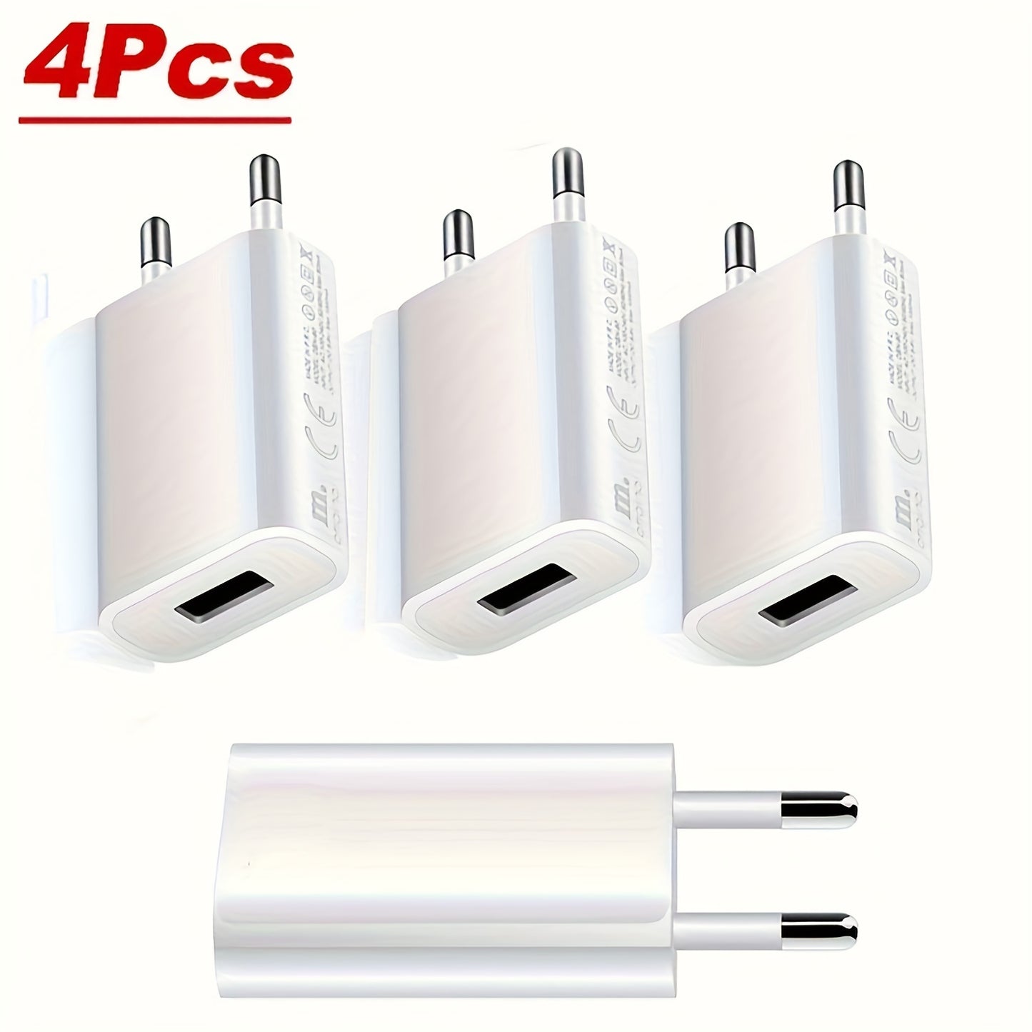 Four 5V 1A USB chargers with universal plug, suitable for mobile phones, MP3 players, e-books, and smartphones. White color.