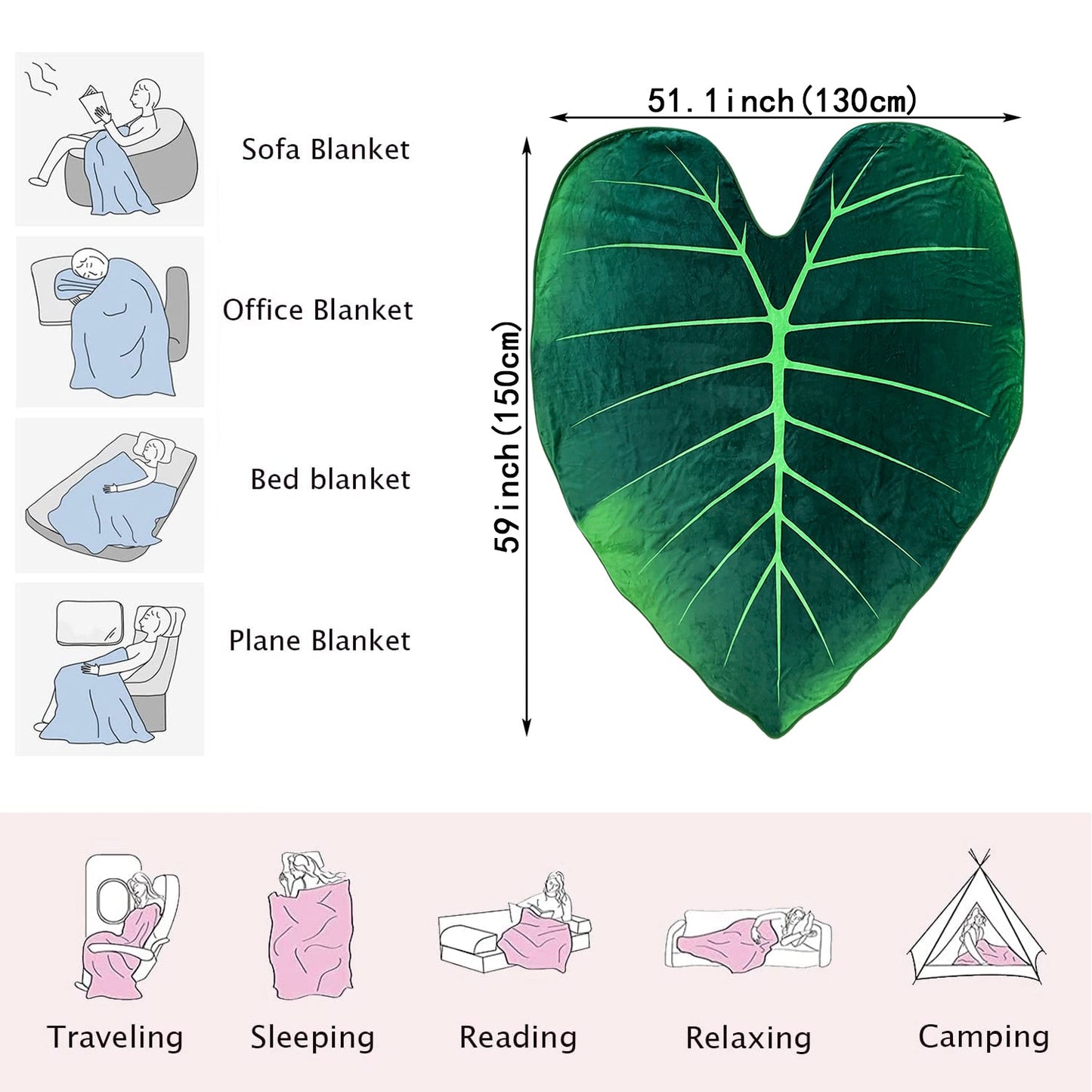 Green leaf-shaped blanket with warm and cozy feel - perfect for couch, bed, and sofa. Features high-definition digital printing.