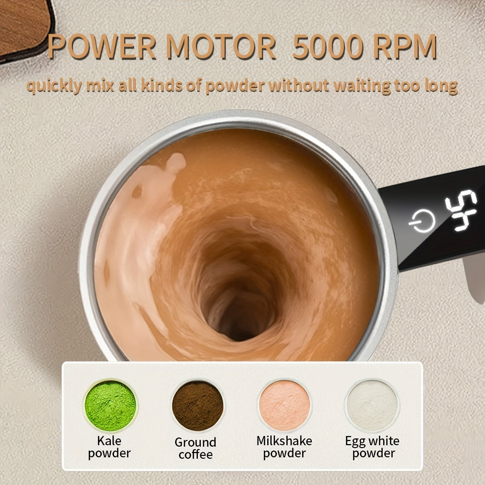 Innovative Self-Stirring Coffee Mug with Temperature Display - made from premium 304 Stainless Steel, USB rechargeable, includes Auto-Off function for effortless heat retention. Ideal for both office use and camping trips, constructed with Food-Safe