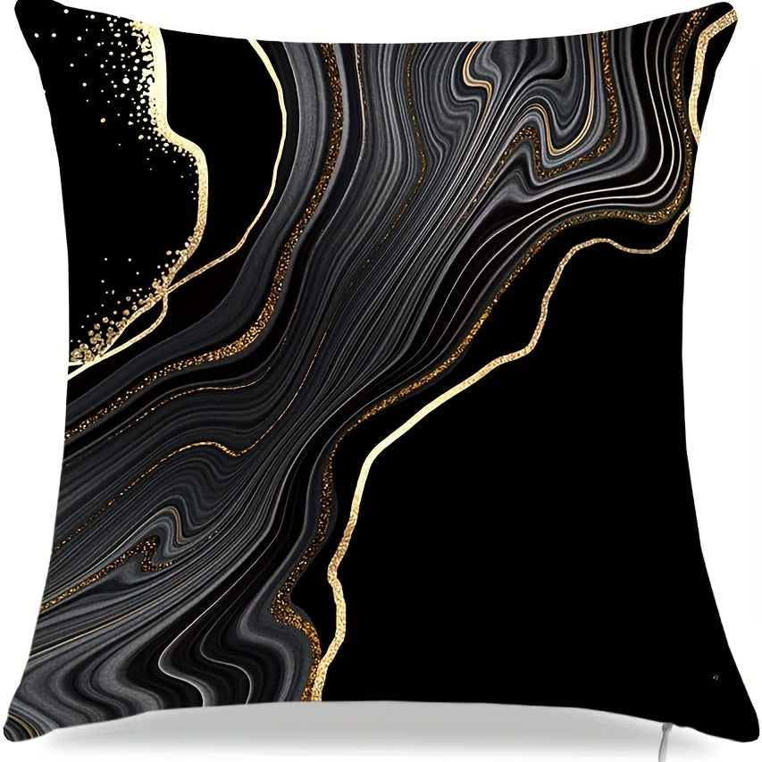 Set of 4 black and golden throw pillow covers in various sizes for accenting couch cushions and home decor.