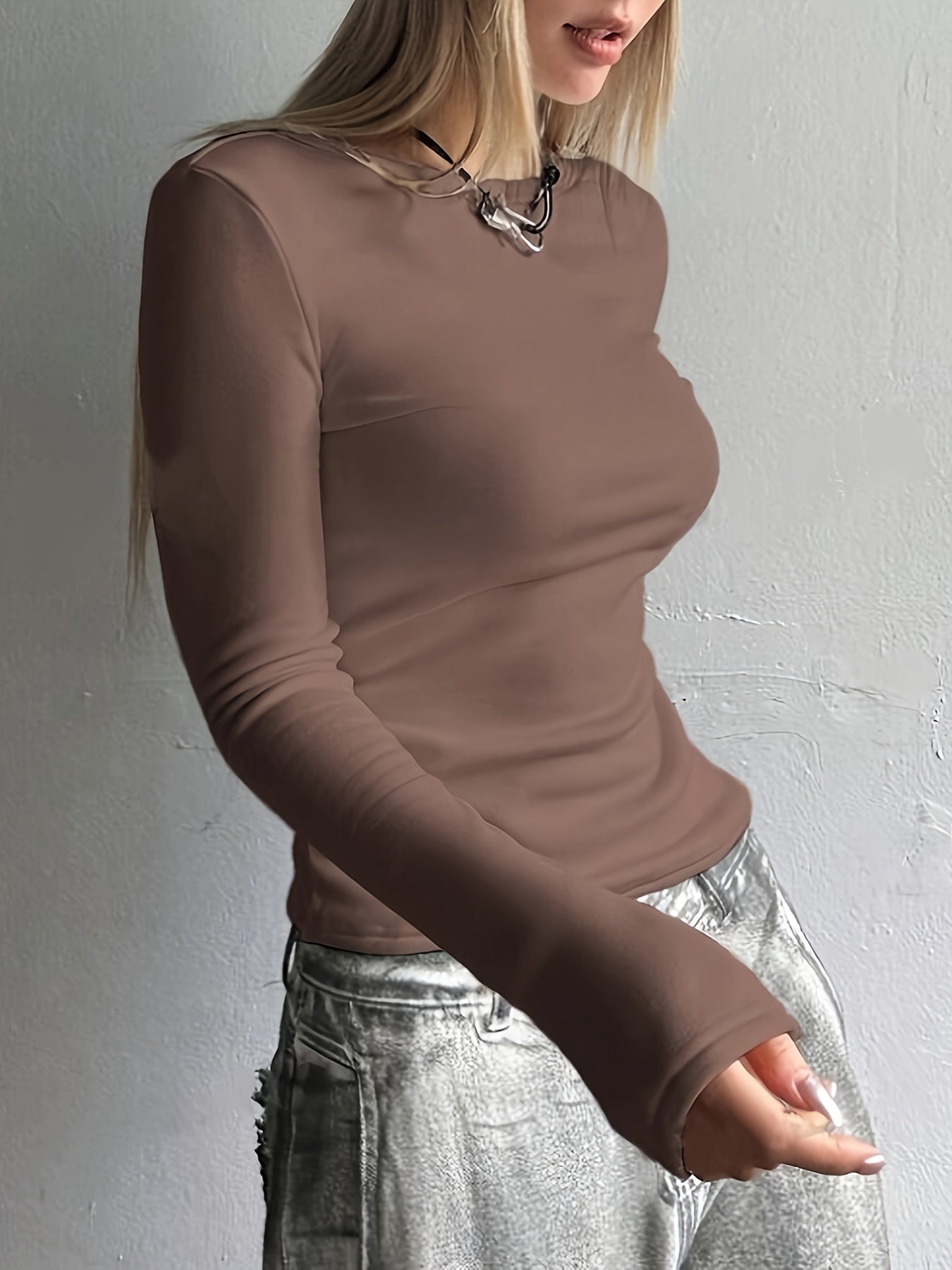 Women's Thermal Knit Top - Solid Color, Long Sleeve, Polyester - Warm Baselayer for Fall/Winter