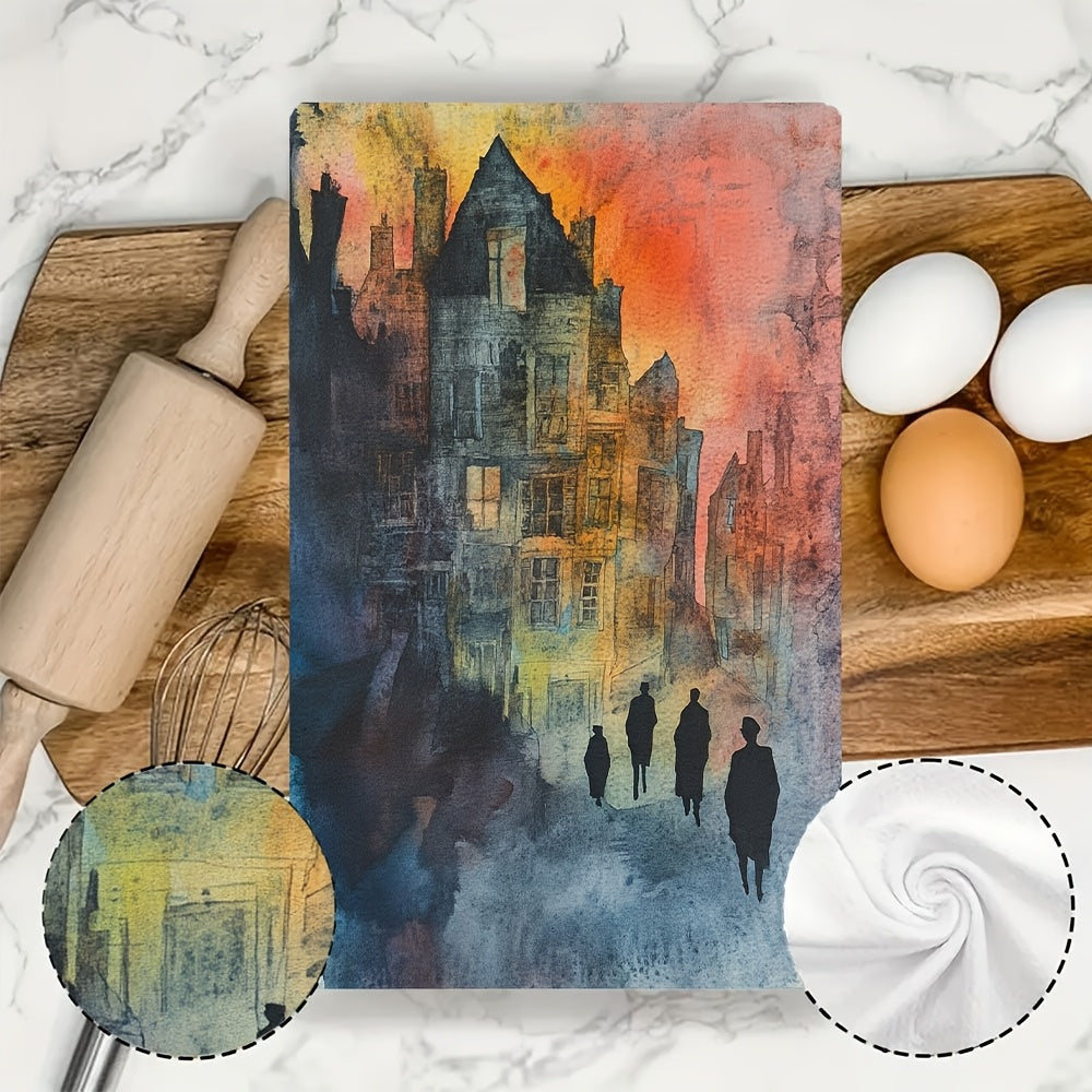 Two pieces of artistic sunset townscape kitchen towels that are ultra soft and highly absorbent. Made of polyester, these dish hand towels are machine washable and measure 40.64x60.96 cm. Add a vibrant holiday decor to your kitchen with these dish towels.