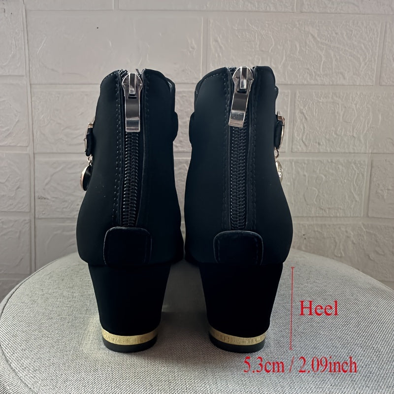 Stylish black mesh ankle boots with chunky heel, back zipper, and sleek design for all seasons. Comfortable and breathable, perfect for the office.