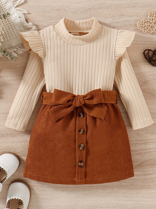 Baby girls' preppy style top and corduroy skirt set for outdoor wear.