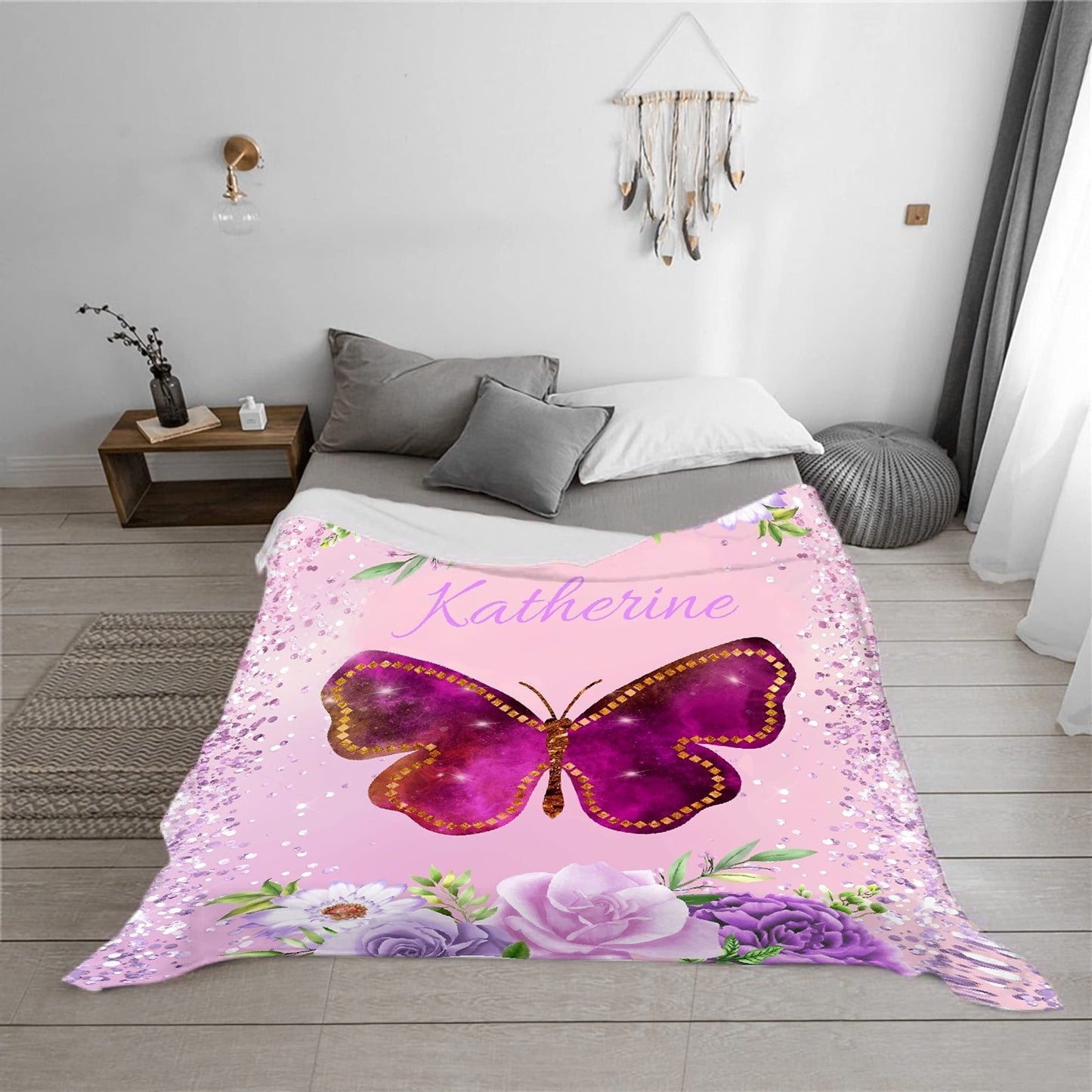 Personalized Butterfly and Floral Print Flannel Blanket - Perfect for Birthdays, Holidays, and Outdoor Adventures! Hypoallergenic, Machine Washable, and Cozy for All Seasons - Use in Couch, Office, or for Pets!