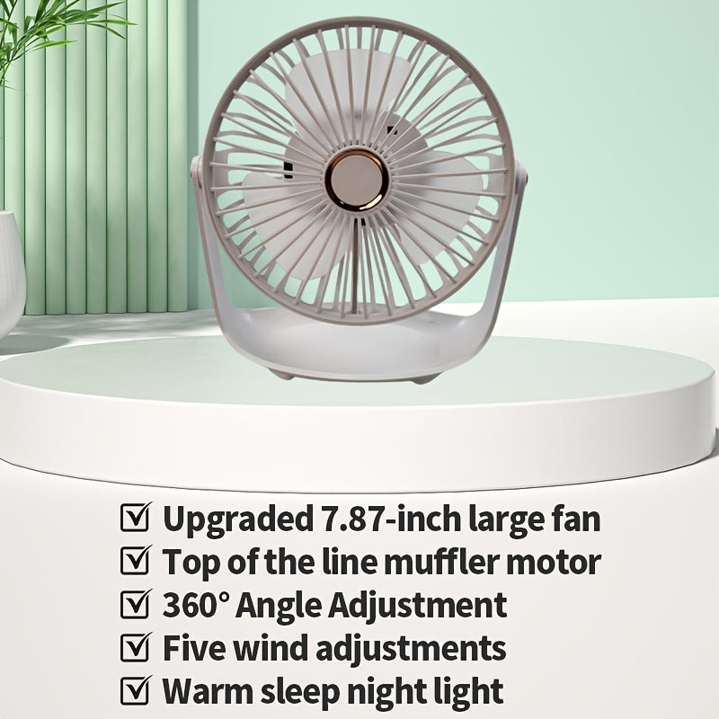 Sleek White Compact Portable Desktop Fan with USB Charging - Features 5-Speed Adjustable Cooling, Long-Lasting Battery for Indoor/Outdoor Use - Includes Power Cable and is Perfect for on-the-go Cooling