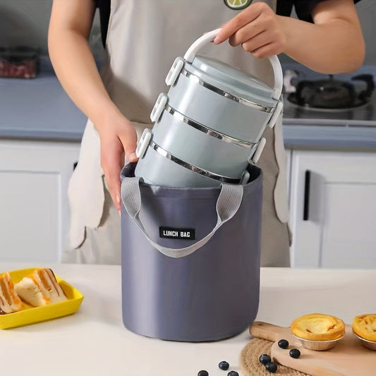 '- Large round lunch bag with cylinder insulation, made of aluminum foil for portability and to keep meals warm at work.