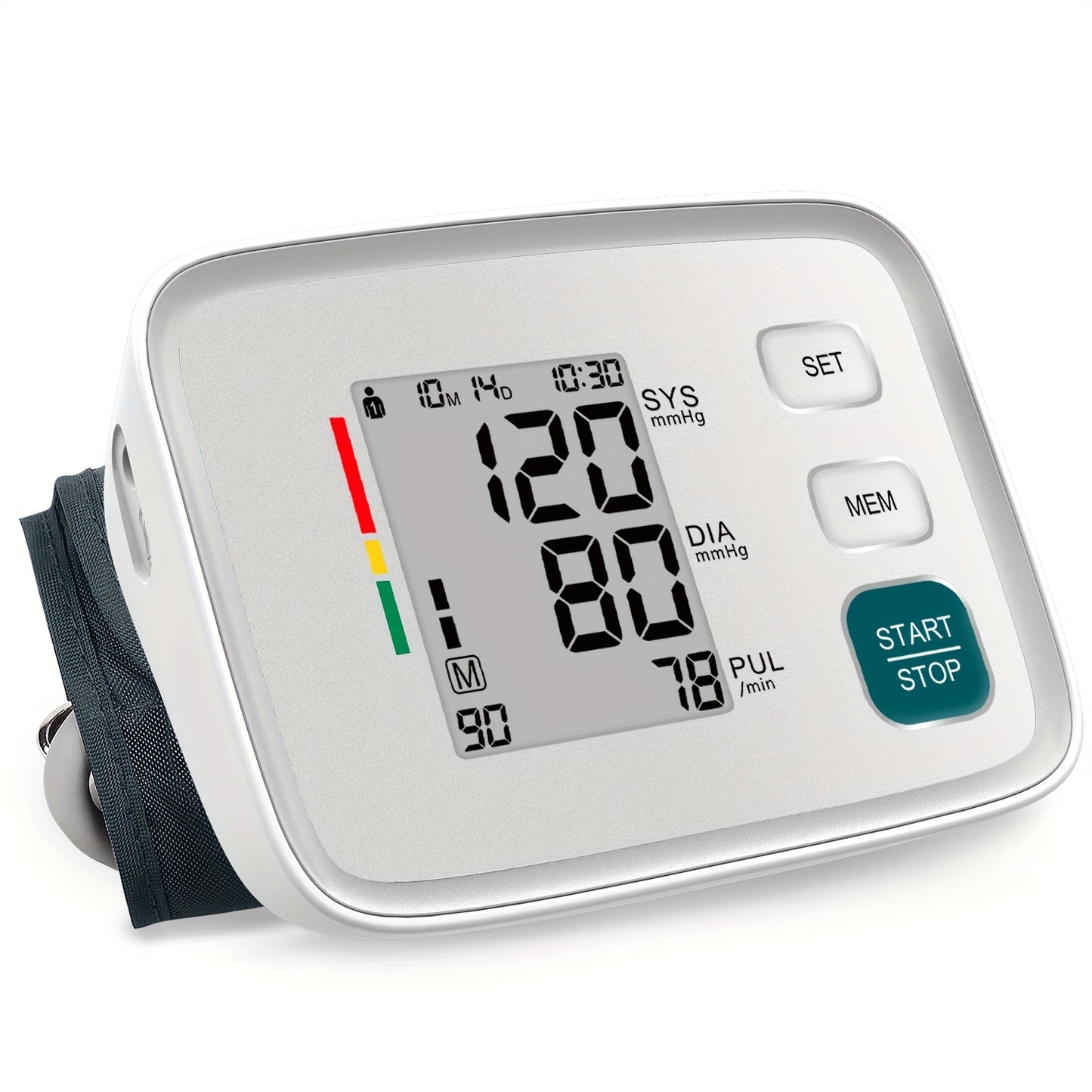 Digital home blood pressure monitor with automatic upper arm cuff that fits 22.1-43.18 cm.